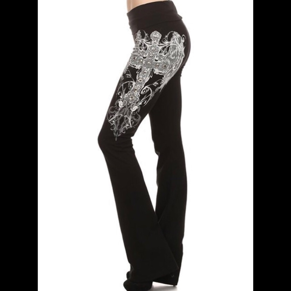 BLACK WINGED CROSS YOGA PANTS by URBAN X